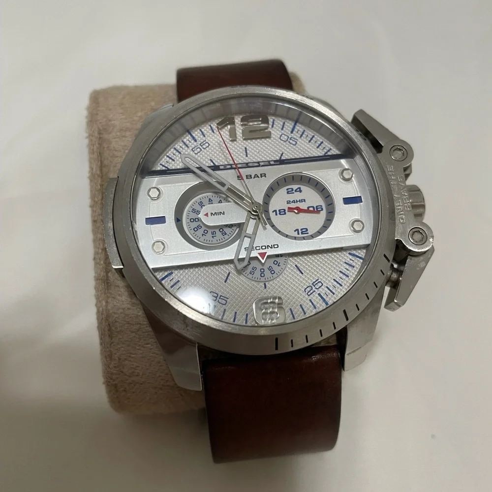 Diesel Men’s Silver Case Watch with White Dial and Brown Leather Strap